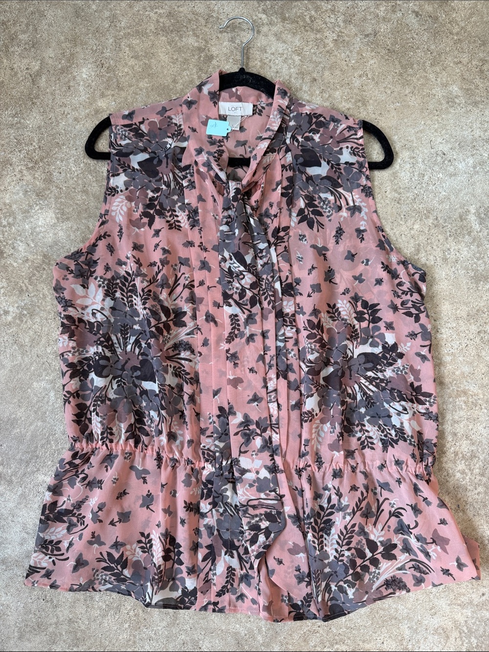 LOFT Pink and Gray Floral Tie-Neck Sleeveless Blouse